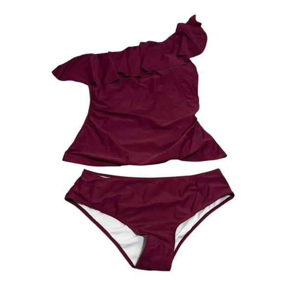 Maroon Tankini Two-Piece One Shoulder Swimsuit Size L - Picture 1 of 5